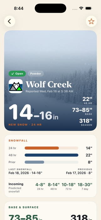 iSnowReport app showing the Wolf Creek report
